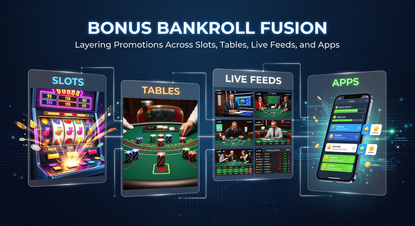 Vibrant digital collage showing stacked casino bonuses fusing slots reels, blackjack tables, live dealer streams, and mobile app icons into a growing bankroll pyramid