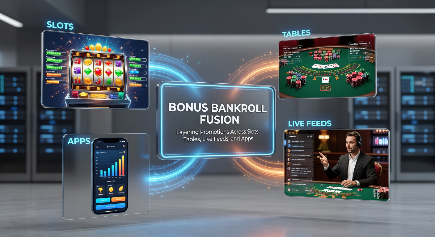 Dynamic screenshot montage of a player's dashboard fusing slot free spins, table cashback tallies, live dealer wager trackers, and app multiplier badges into a unified bonus bankroll display