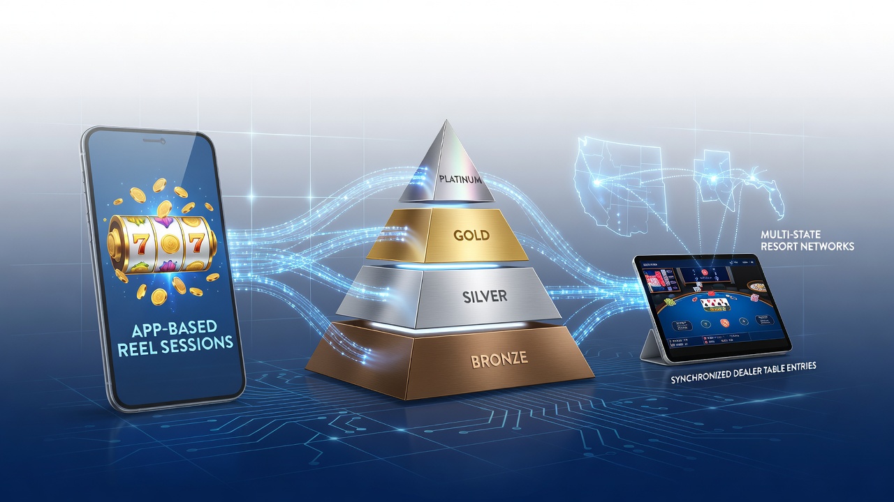 Casino loyalty program interface displaying tier progression from mobile reels to table games