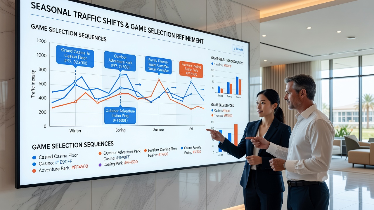 Analytics dashboard displaying monthly traffic heat maps for different gaming zones at a multi-format resort