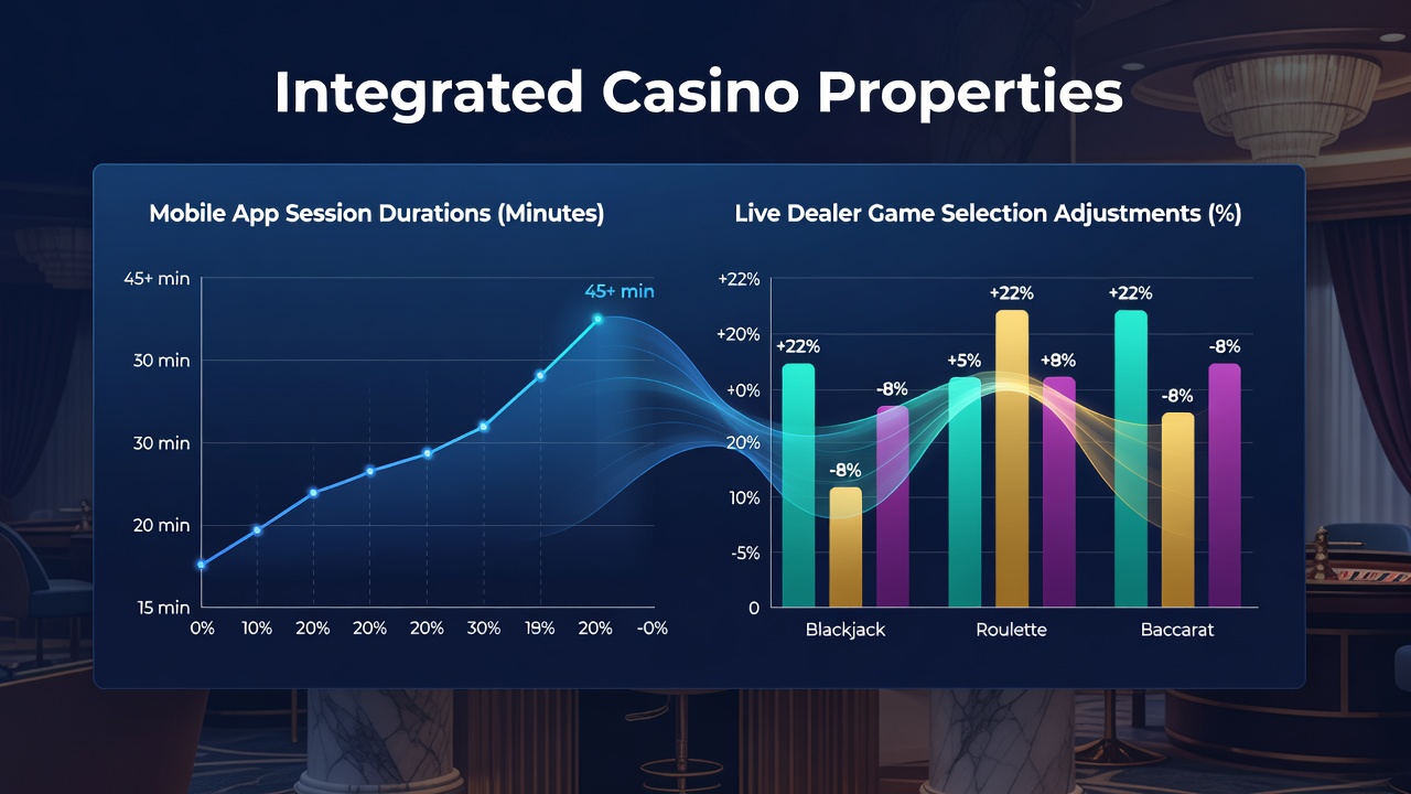Integrated casino floor showing mobile app users transitioning to live dealer tables with real-time data overlays