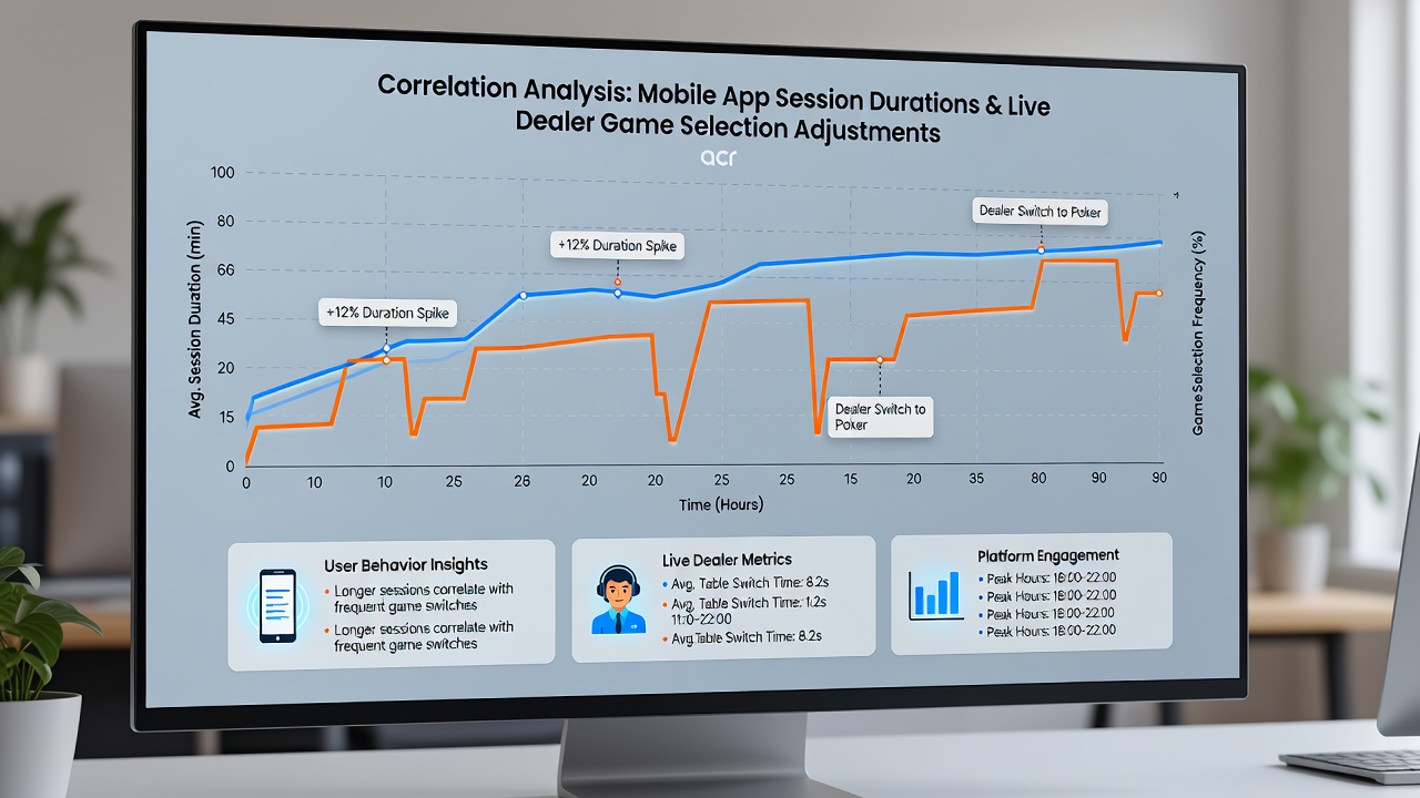 Analytics dashboard displaying mobile session data overlaid with live dealer table selection heatmaps at a casino resort