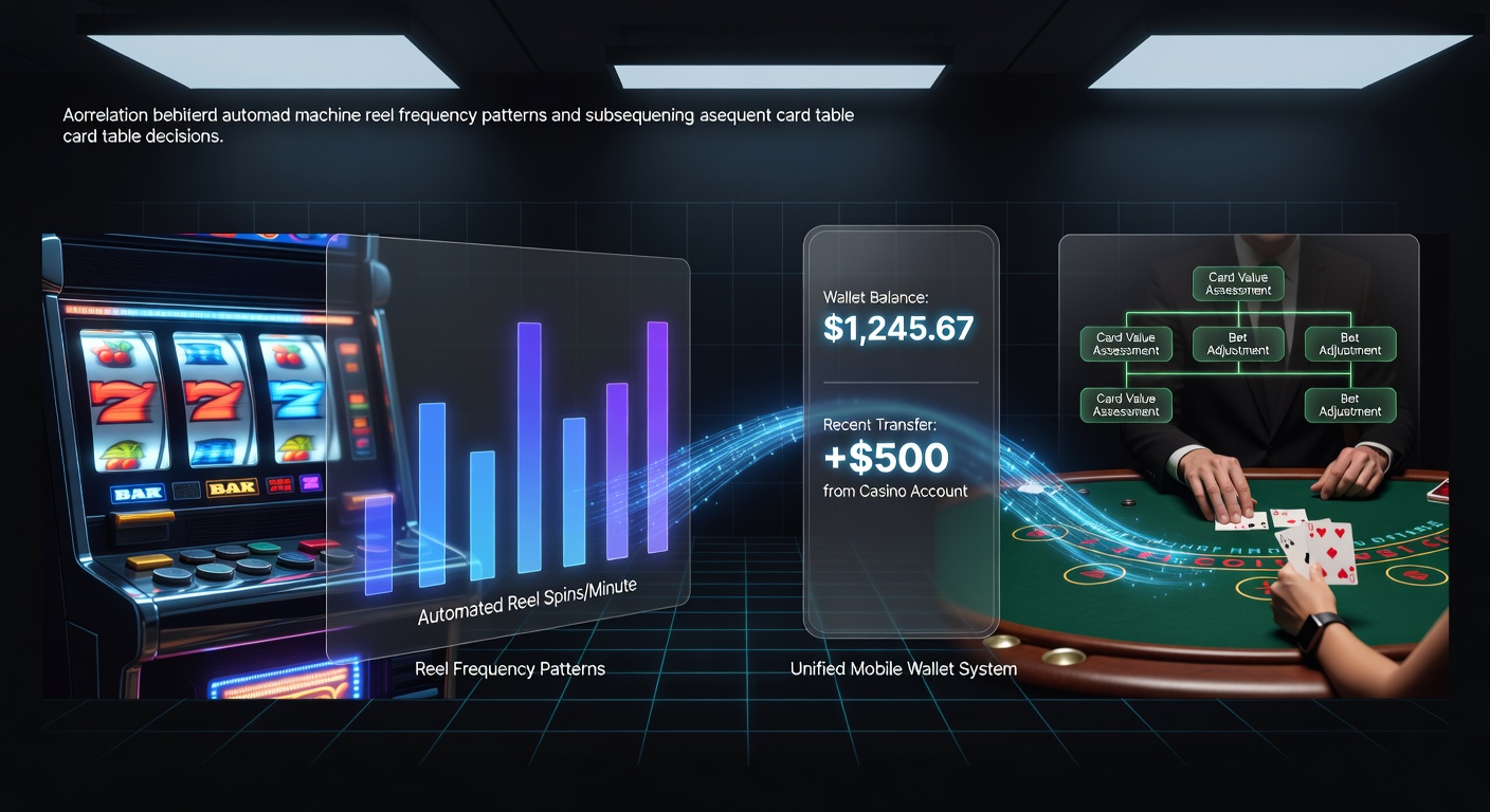 Data visualization showing reel spin patterns from slot machines connected to mobile wallet transaction logs and table game decision points