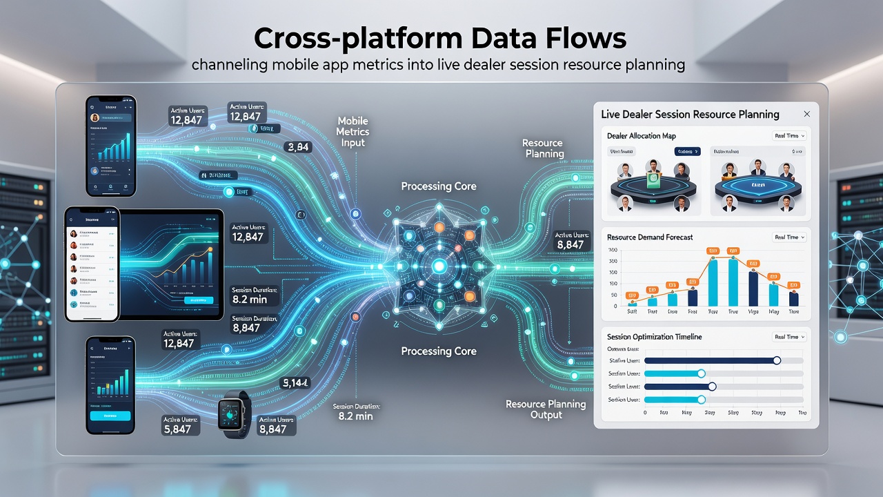 Live casino floor with dealers at multiple tables and overlaid data flow diagrams illustrating mobile-to-live session synchronization