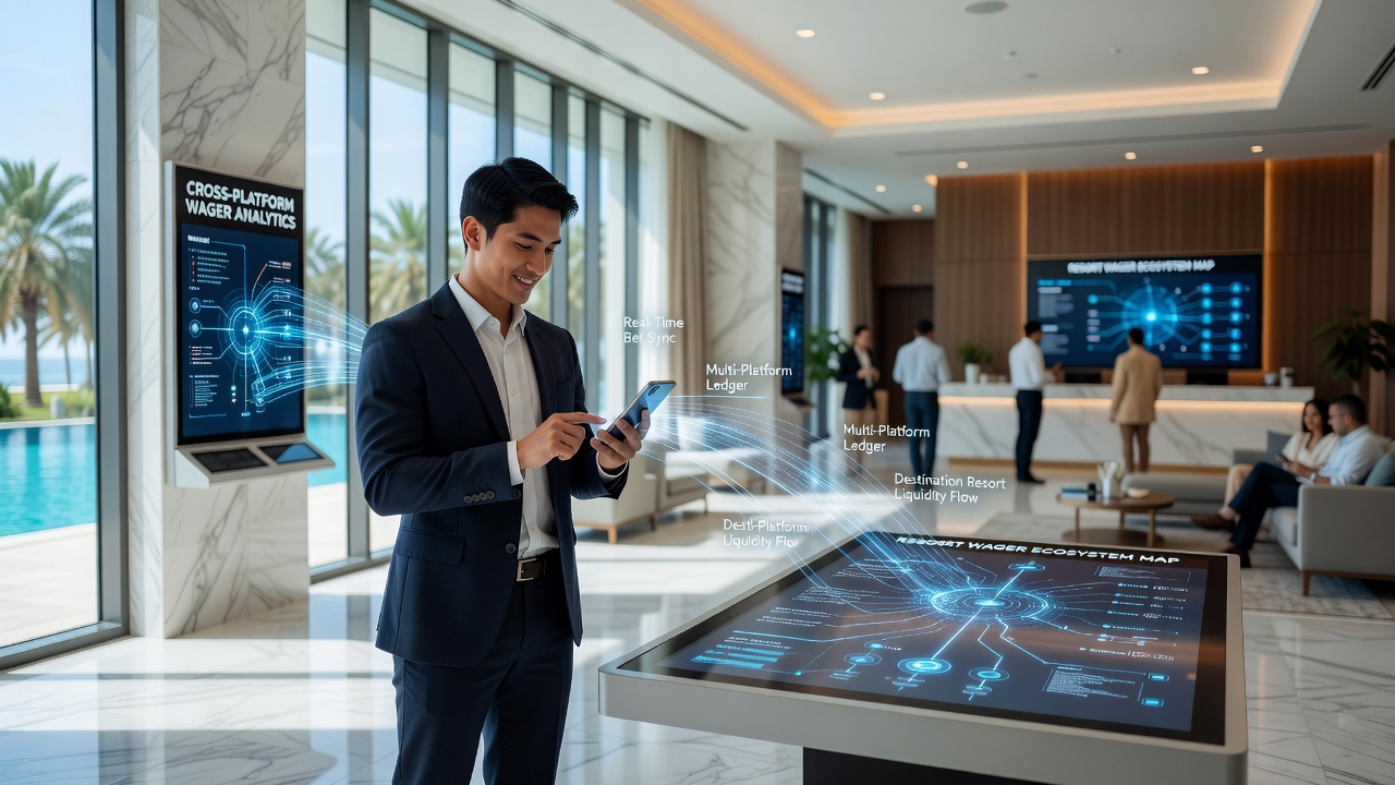 Resort floor view showing players moving from mobile app interaction to physical blackjack tables