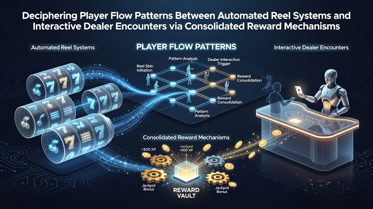 Casino floor layout showing automated reel machines transitioning into live dealer table areas with unified reward kiosks