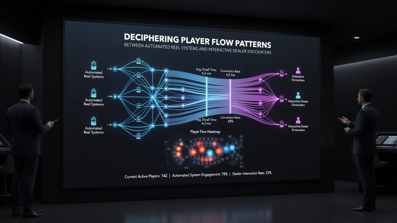 Digital dashboard displaying player flow analytics between slot reels and live tables connected through loyalty point tracking