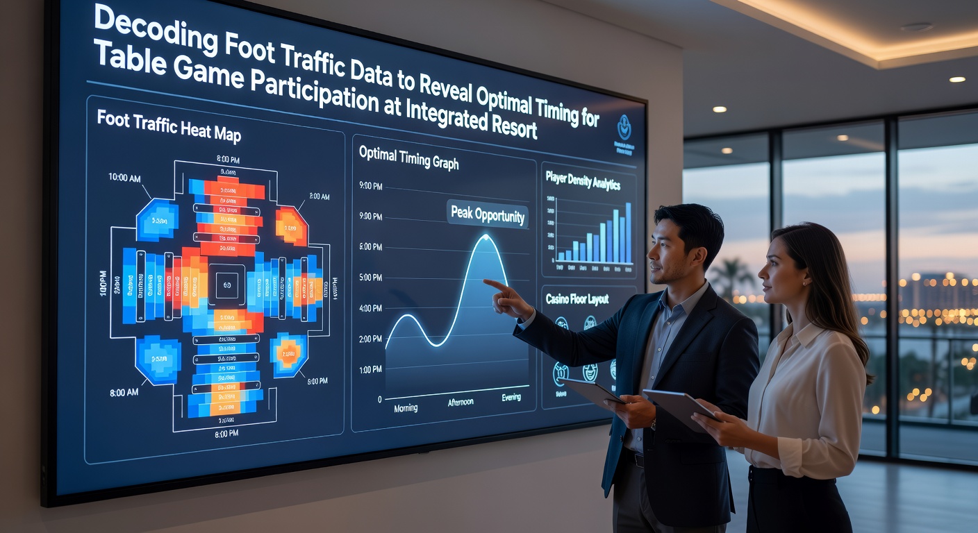 Data dashboard displaying real-time foot traffic heatmaps overlaid on table game sections within an integrated resort