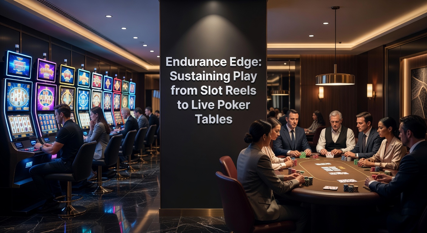 Casino player transitioning from vibrant slot machines to an intense live poker table, highlighting endurance in gameplay
