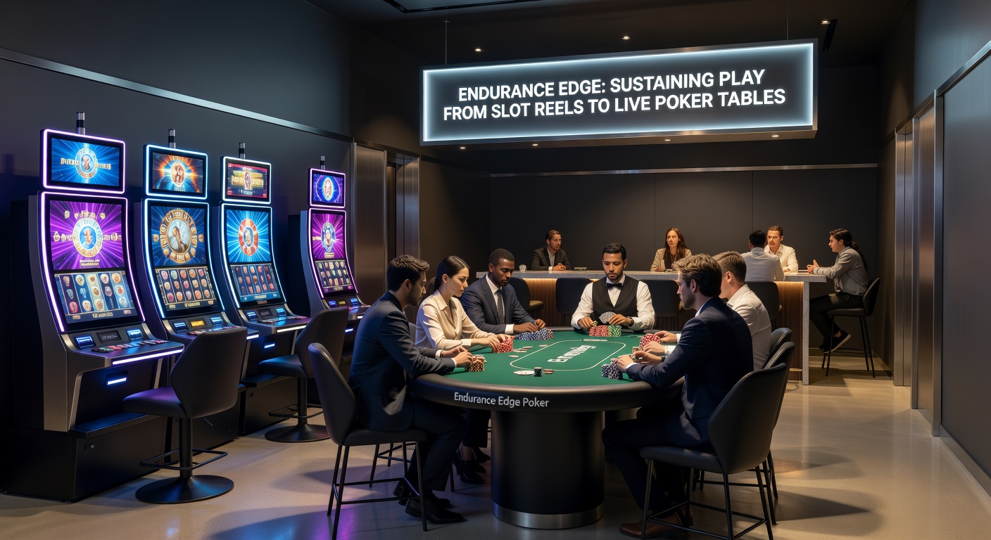 Close-up of poker chips and cards on a live table next to slot payout screen, symbolizing sustained endurance across casino games