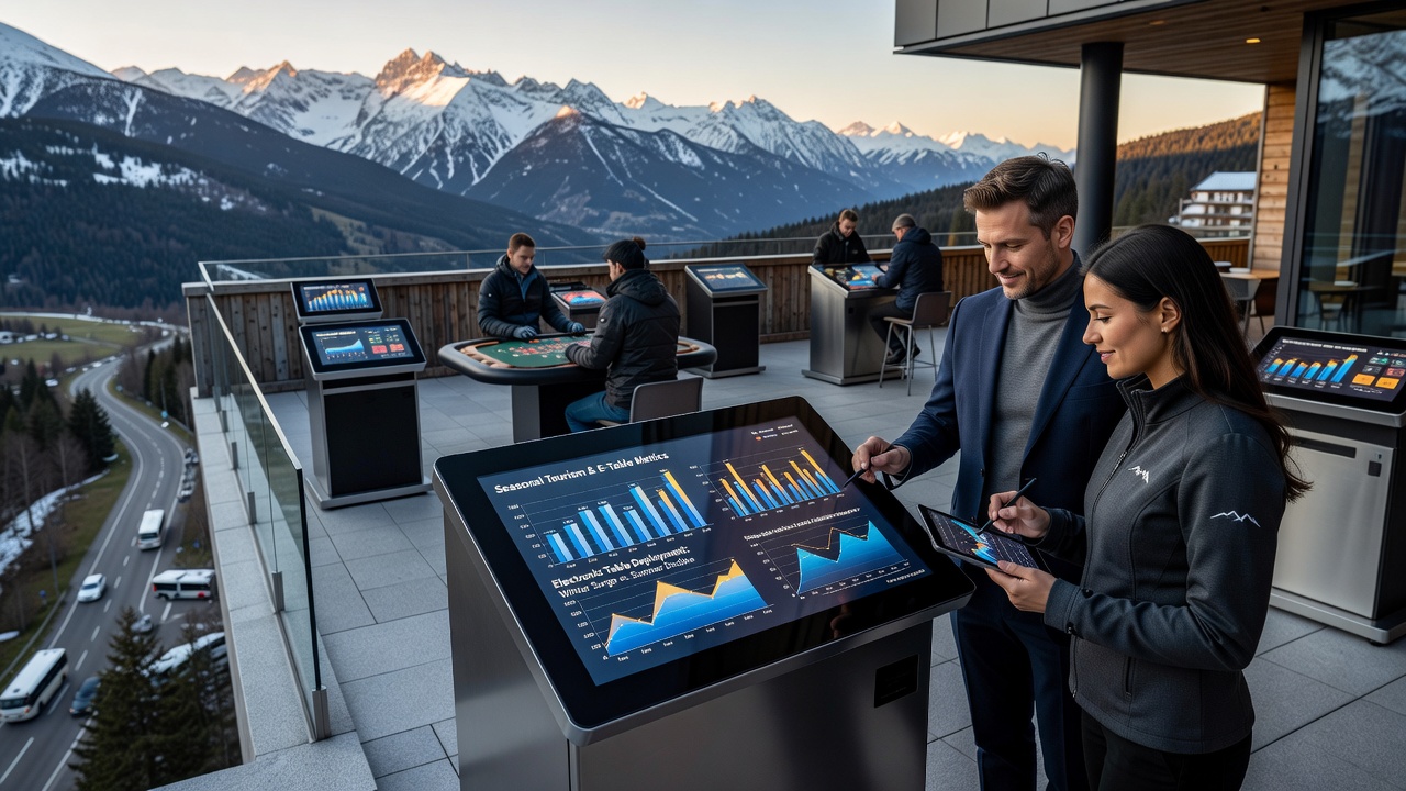 Interior view of a mountain resort casino floor with electronic gaming tables arranged for seasonal high-demand periods