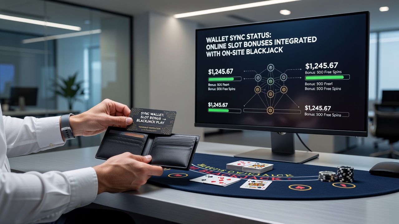 Digital wallet interface displaying synchronized bonus balances between mobile slots and land-based blackjack tables at an integrated resort