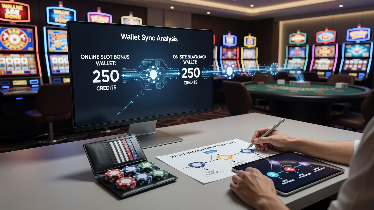 Blackjack table terminal showing real-time bonus balance imported from an online slot promotion via synchronized wallet