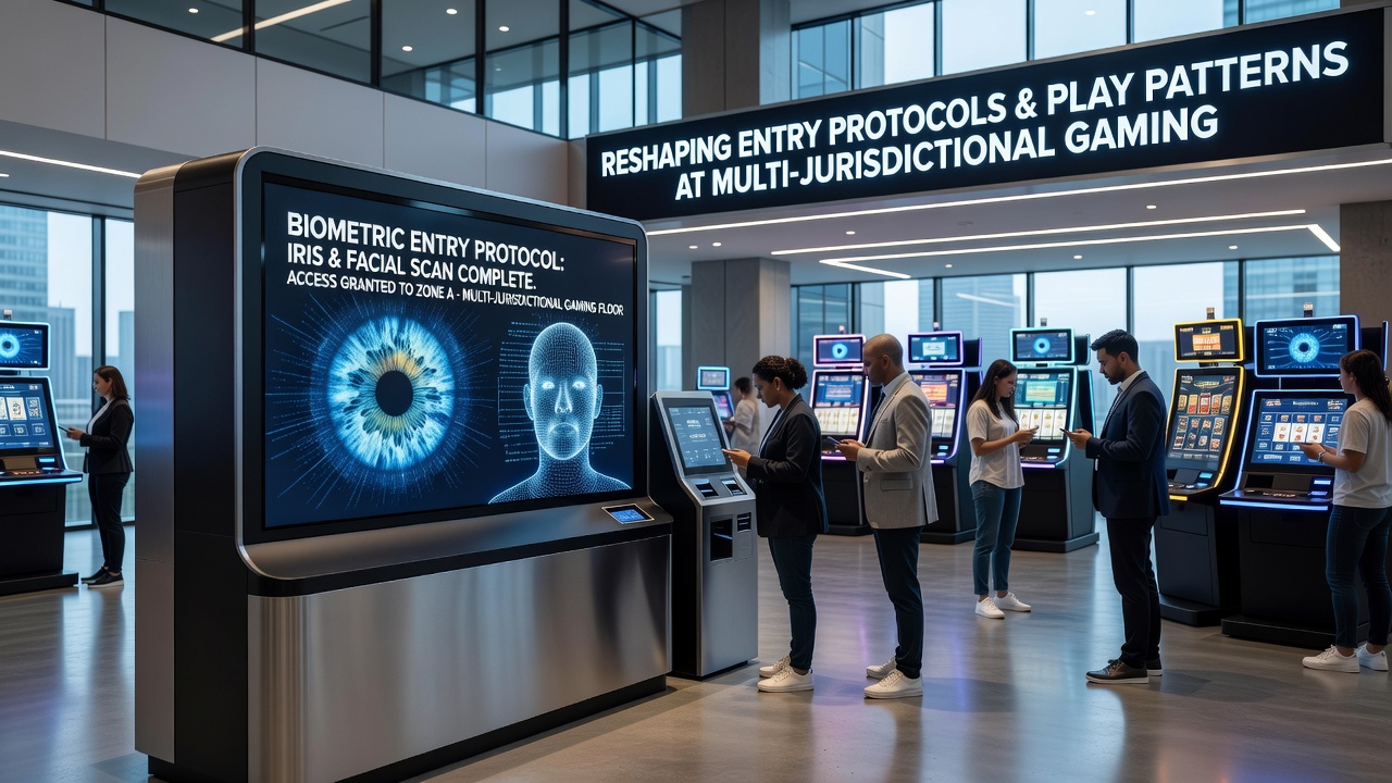 Casino floor with players using biometric-linked loyalty terminals for table and slot play