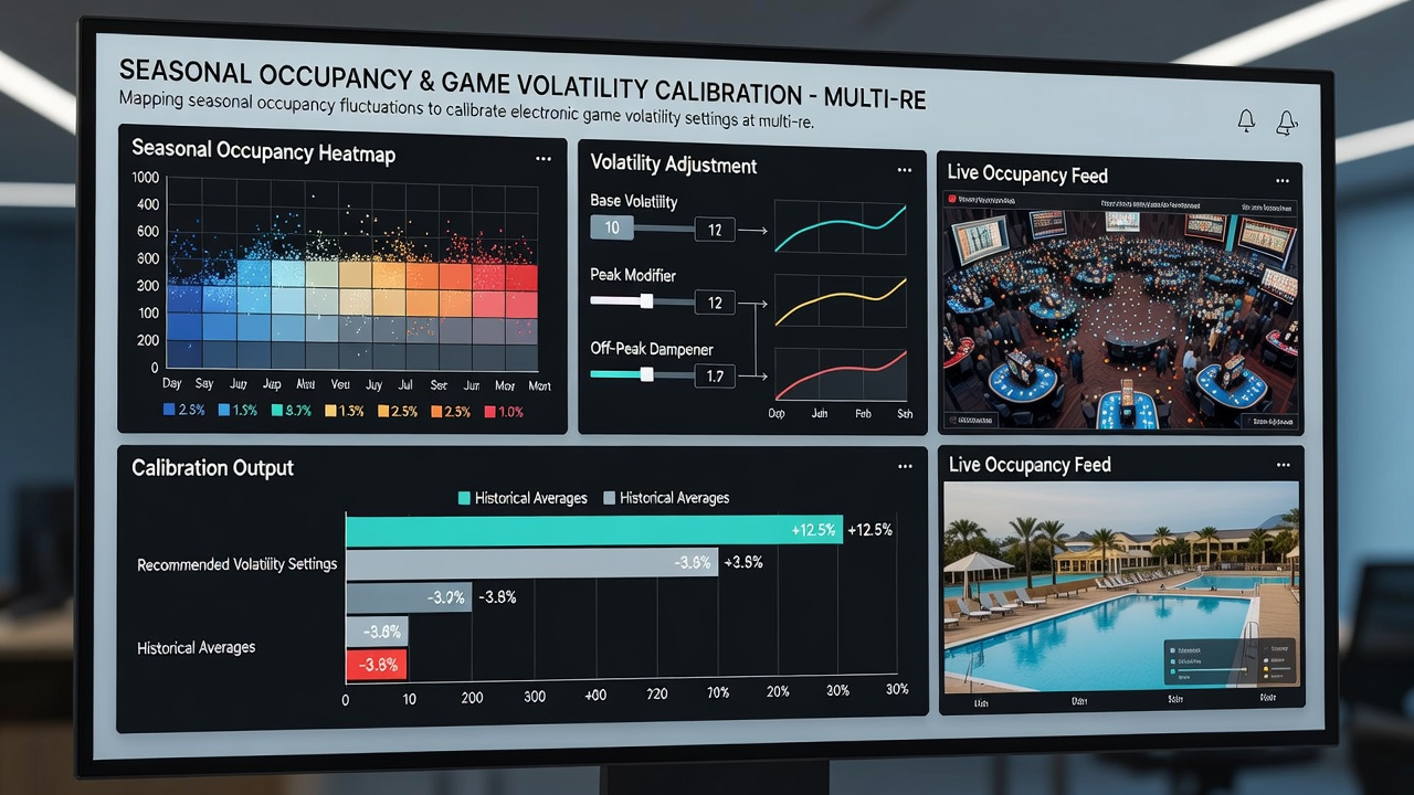 Technicians reviewing occupancy-linked volatility calibration reports on a multi-resort operations dashboard
