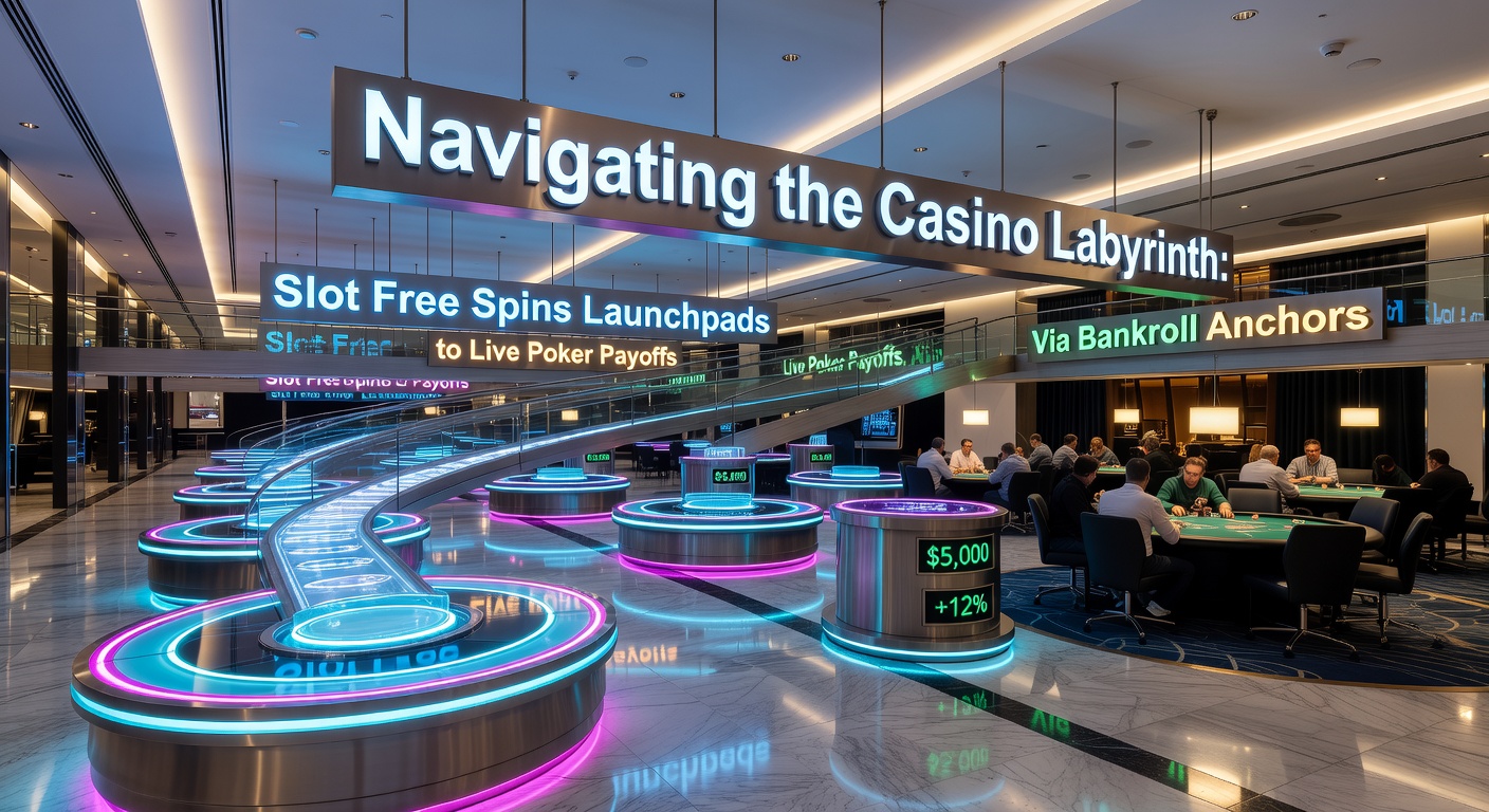 Vibrant casino floor showing slot machines transitioning to poker tables, symbolizing the journey from free spins to live action