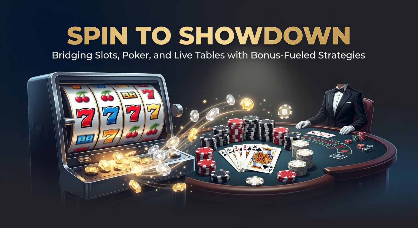 Vibrant casino scene showing slot machines morphing into poker tables and live dealer setups, with bonus icons bridging the games