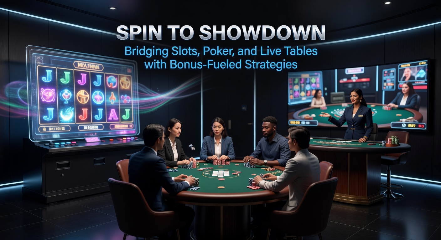 Dynamic graphic of bonus flow from slot spins through poker hands to live dealer showdowns, highlighting strategy icons and payout chains