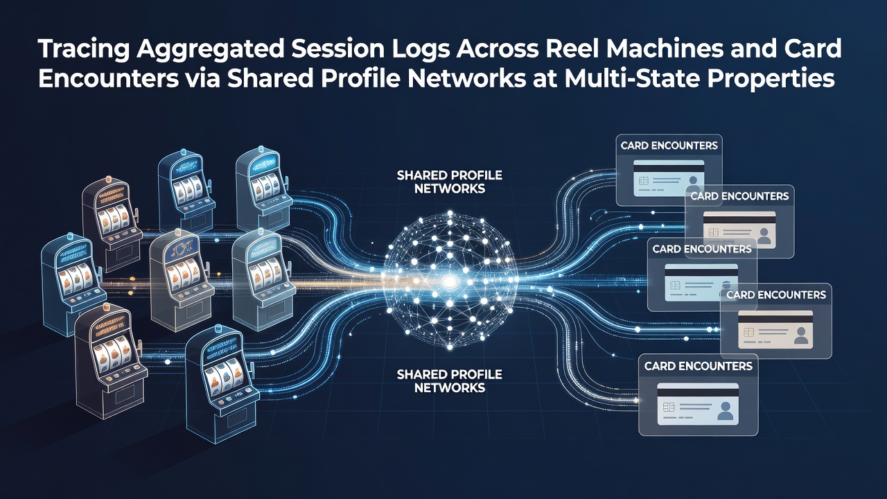 Diagram showing connected slot machines and card tables linked through centralized player profile networks across multiple casino properties